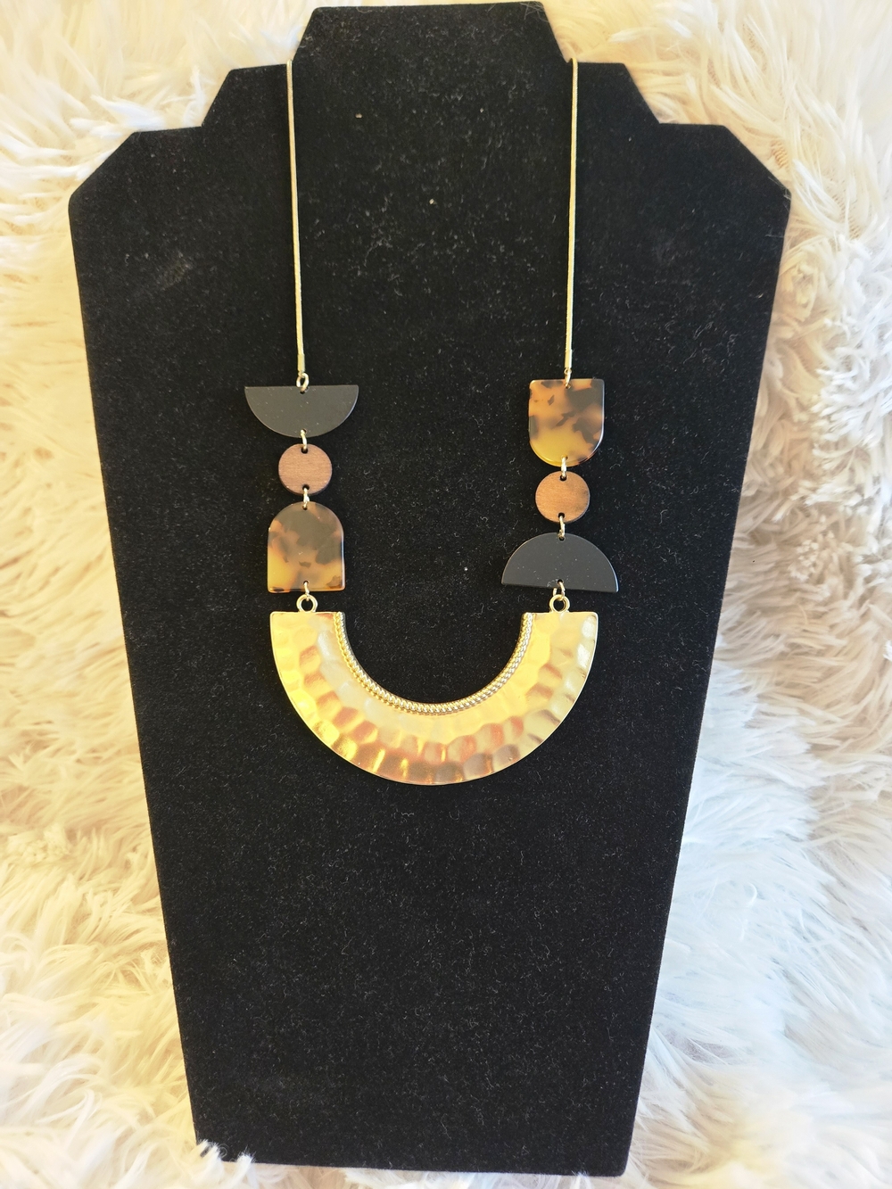 Gold Hammered Arc Statement Necklace with Tortoiseshell Accents